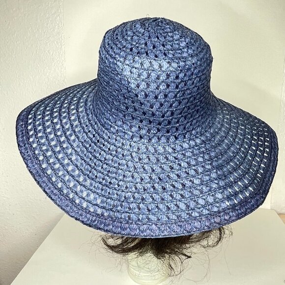 Vintage Navy Straw Wide Brim Sun Hat Dark Coastal Boho Open Basket Weave Floppy main image 4
